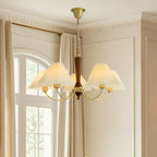 Lustre vintage en laiton et tissu avec abat-jour plissés beiges