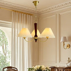 Lustre vintage en laiton et tissu avec abat-jour plissés beiges