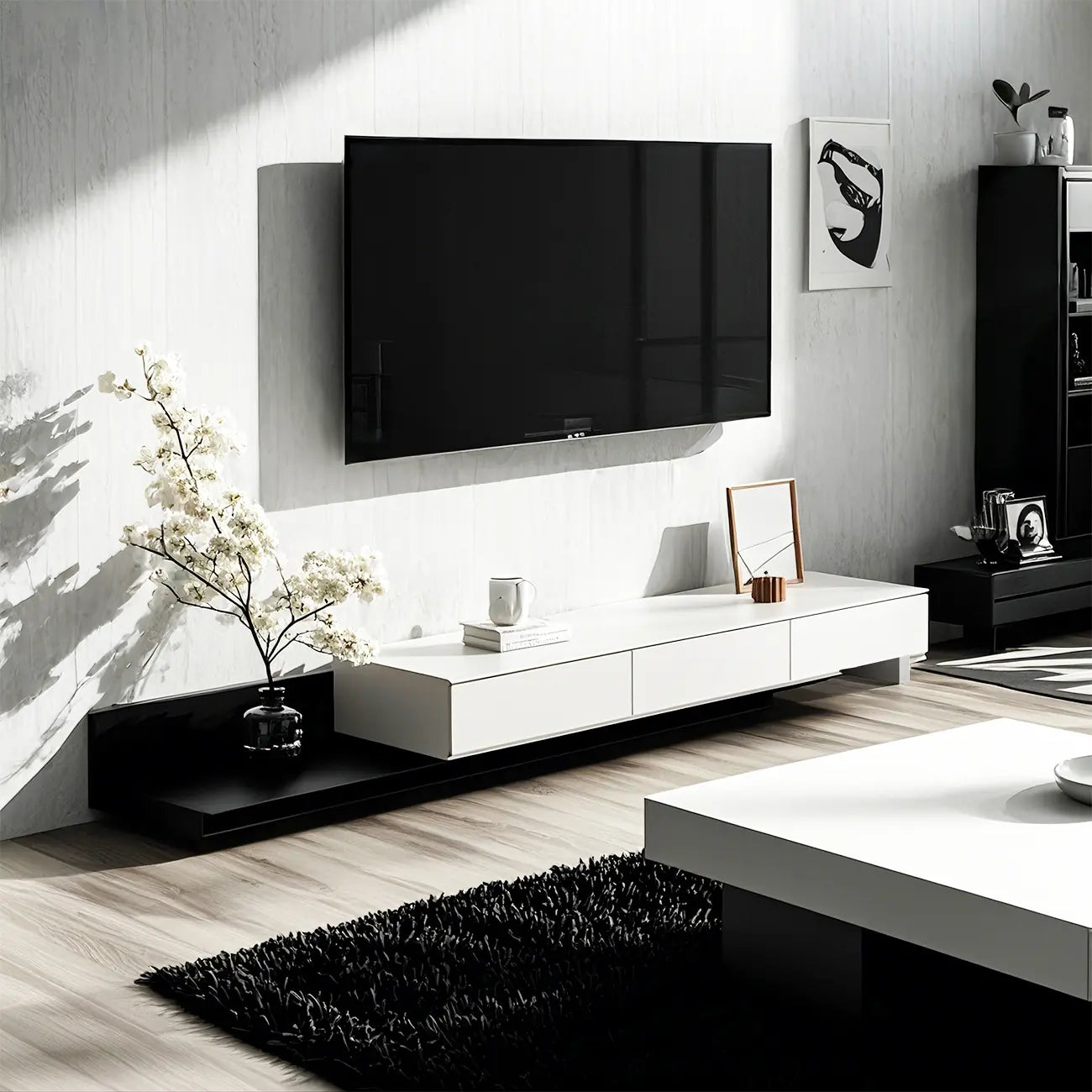 Meuble TV moderne en bois naturel avec étagère allongée et tiroir