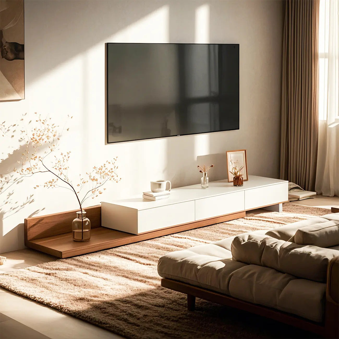 Meuble TV moderne en bois naturel avec étagère allongée et tiroir