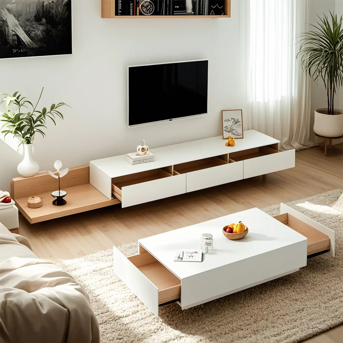 Meuble TV moderne en bois naturel avec étagère allongée et tiroir