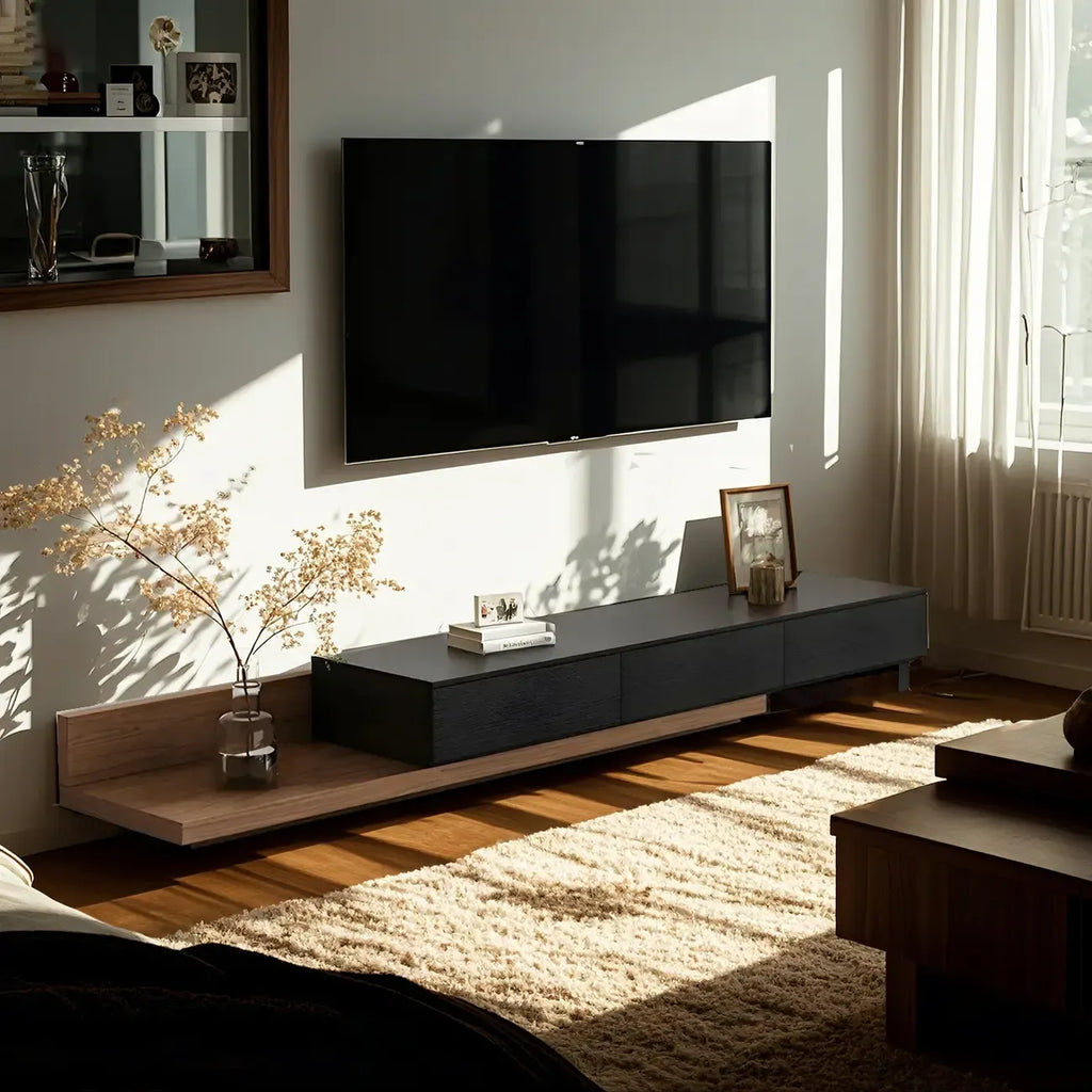 Meuble TV moderne en bois naturel avec étagère allongée et tiroir