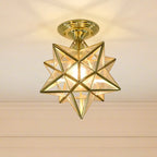 Plafonnier semi-encastré de style colonial avec abat-jour en verre doré en forme d'étoile