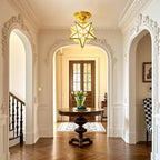 Plafonnier semi-encastré de style colonial avec abat-jour en verre doré en forme d'étoile