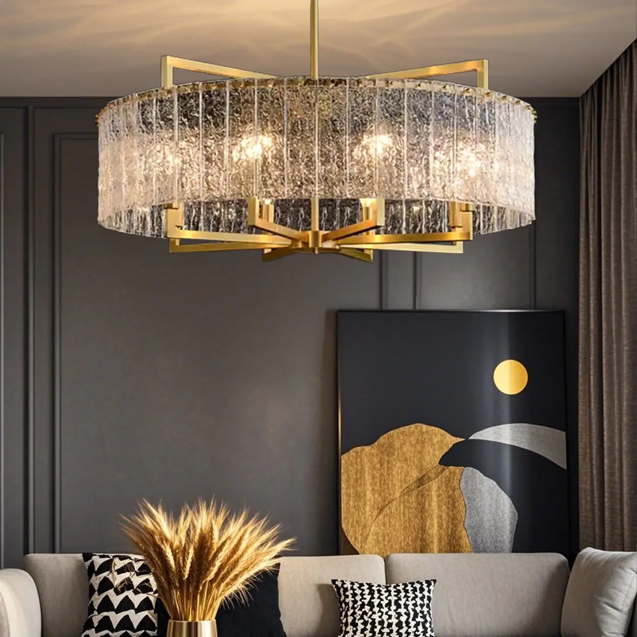 Lustre rond moderne en cristal avec cadre doré pour la décoration