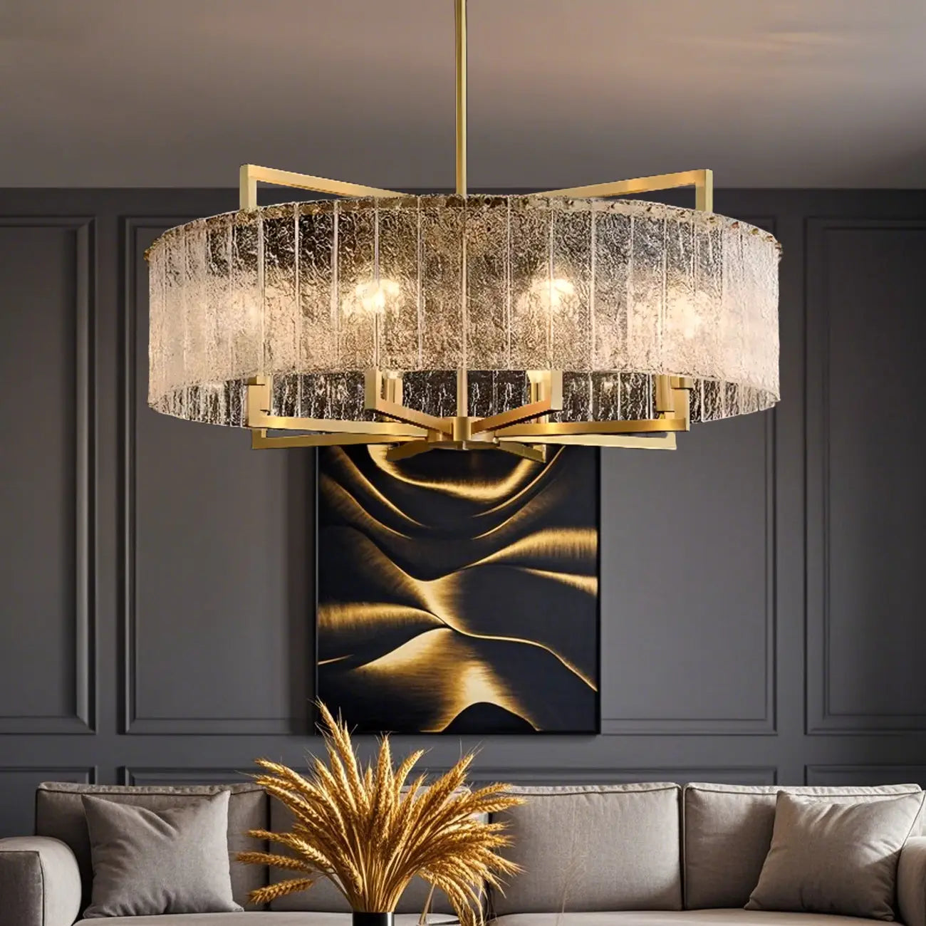 Lustre rond moderne en cristal avec cadre doré pour la décoration