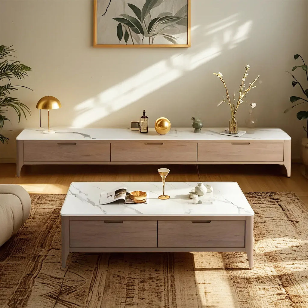 Meuble TV avec tiroirs et plateau en pierre marron de 71 pouces, avec gestion des câbles