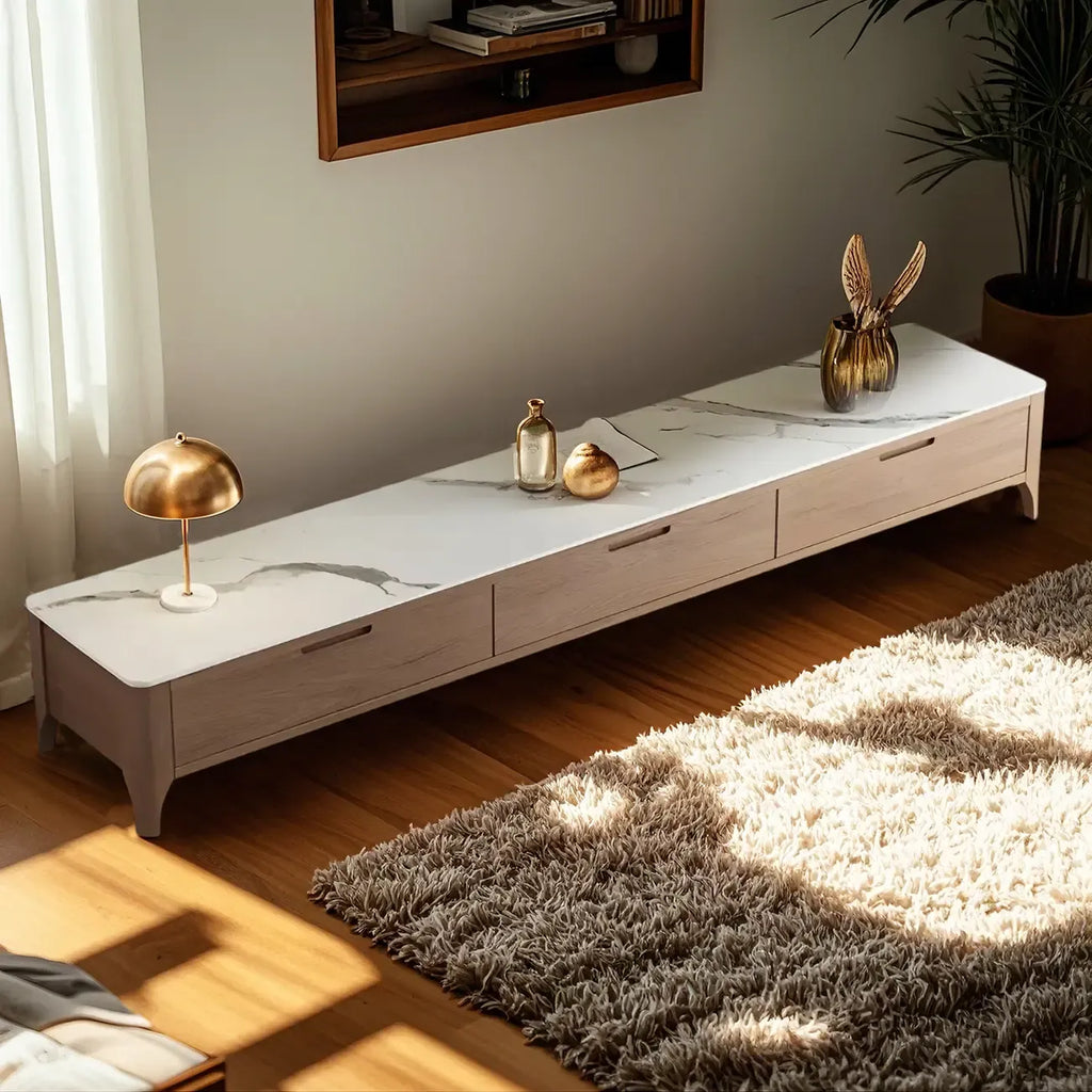 Meuble TV avec tiroirs et plateau en pierre marron de 71 pouces, avec gestion des câbles