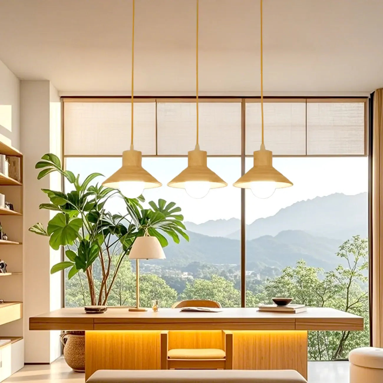 Suspension rustique moderne en bois à 3 lampes coniques pour îlot central.