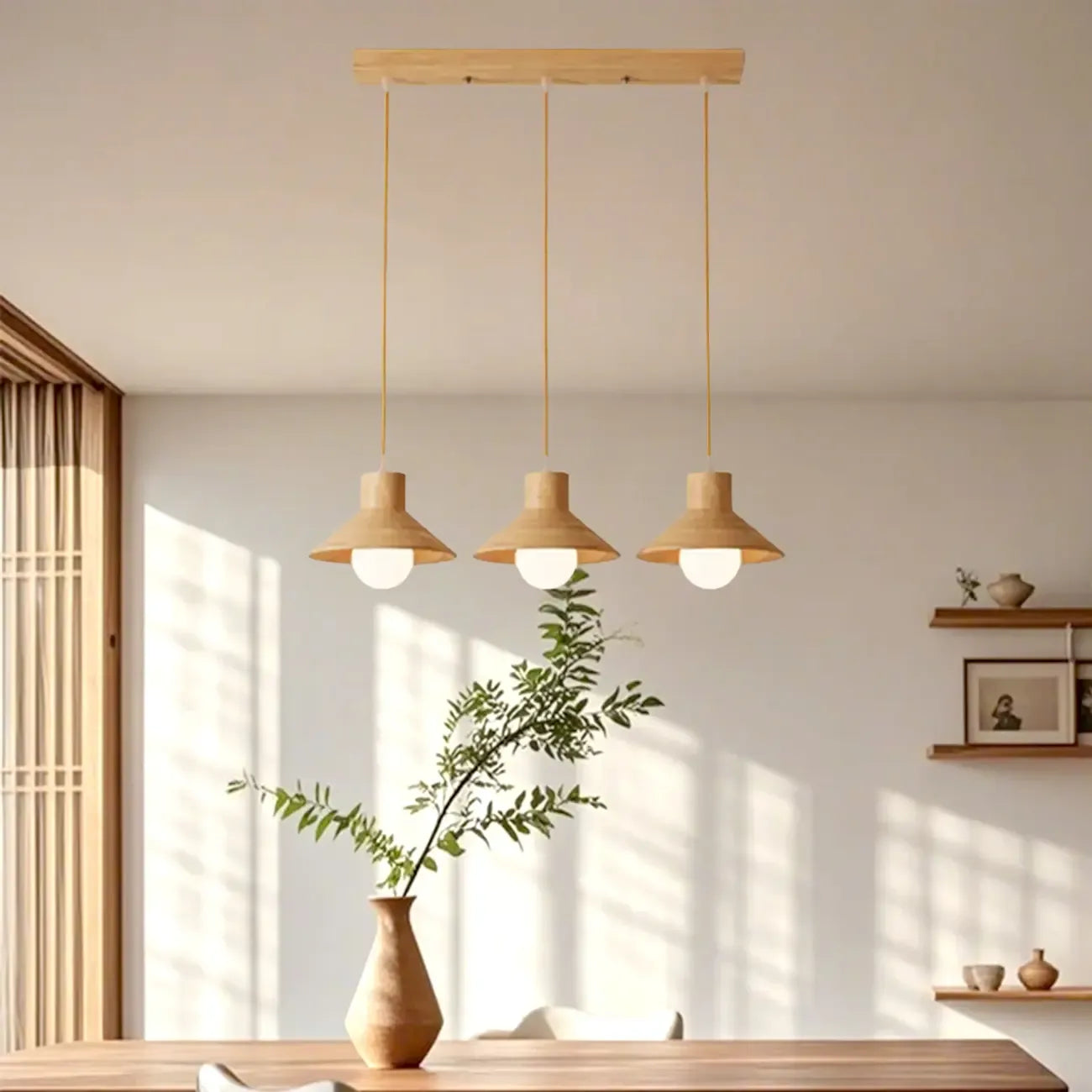 Suspension rustique moderne en bois à 3 lampes coniques pour îlot central.