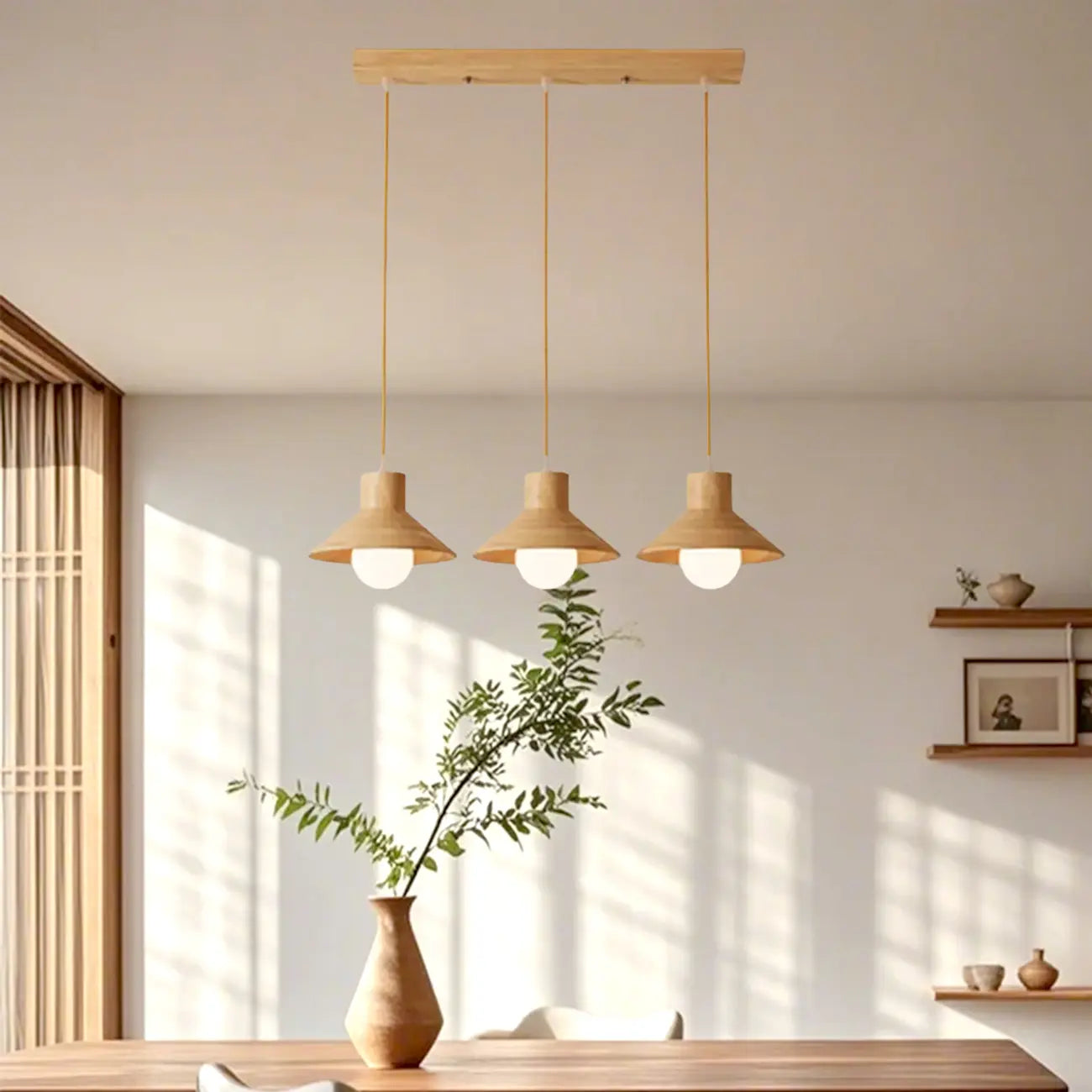 Suspension rustique moderne en bois à 3 lampes coniques pour îlot central.