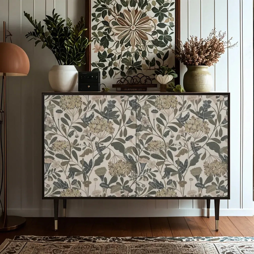 Meuble de style campagnard français avec finition florale pour salon