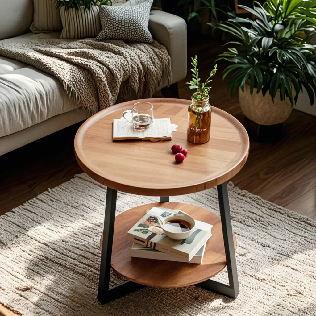 Table basse moderne avec plateau en bois, pieds croisés et étagère
