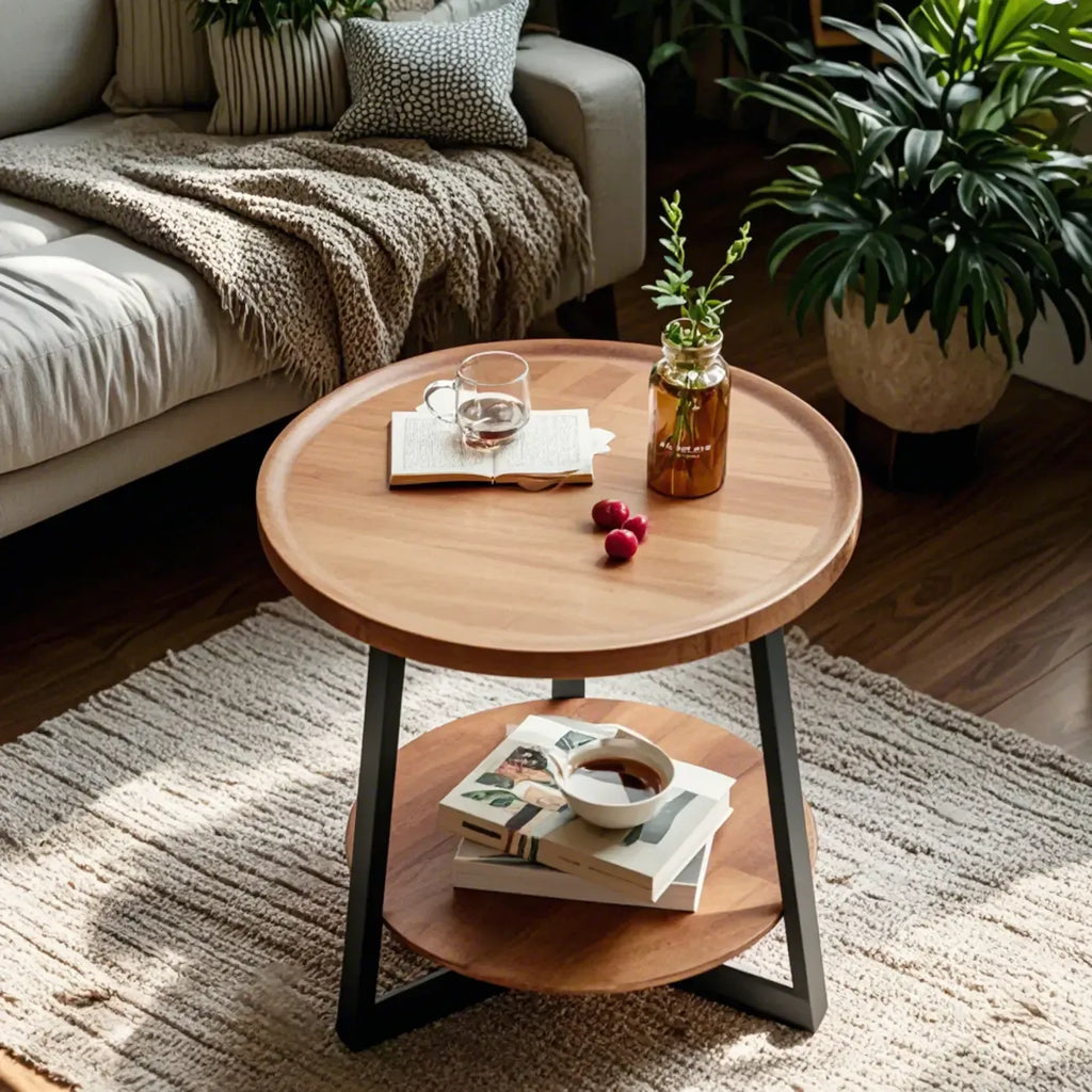 Table basse moderne avec plateau en bois, pieds croisés et étagère
