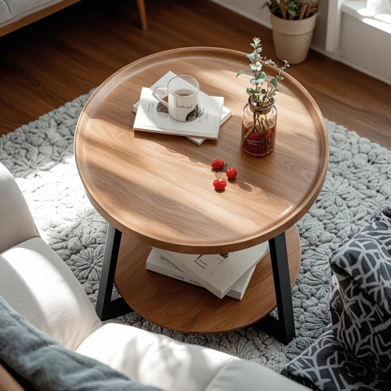Table basse moderne avec plateau en bois, pieds croisés et étagère