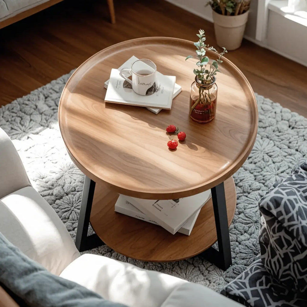 Table basse moderne avec plateau en bois, pieds croisés et étagère