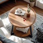 Table basse moderne avec plateau en bois, pieds croisés et étagère
