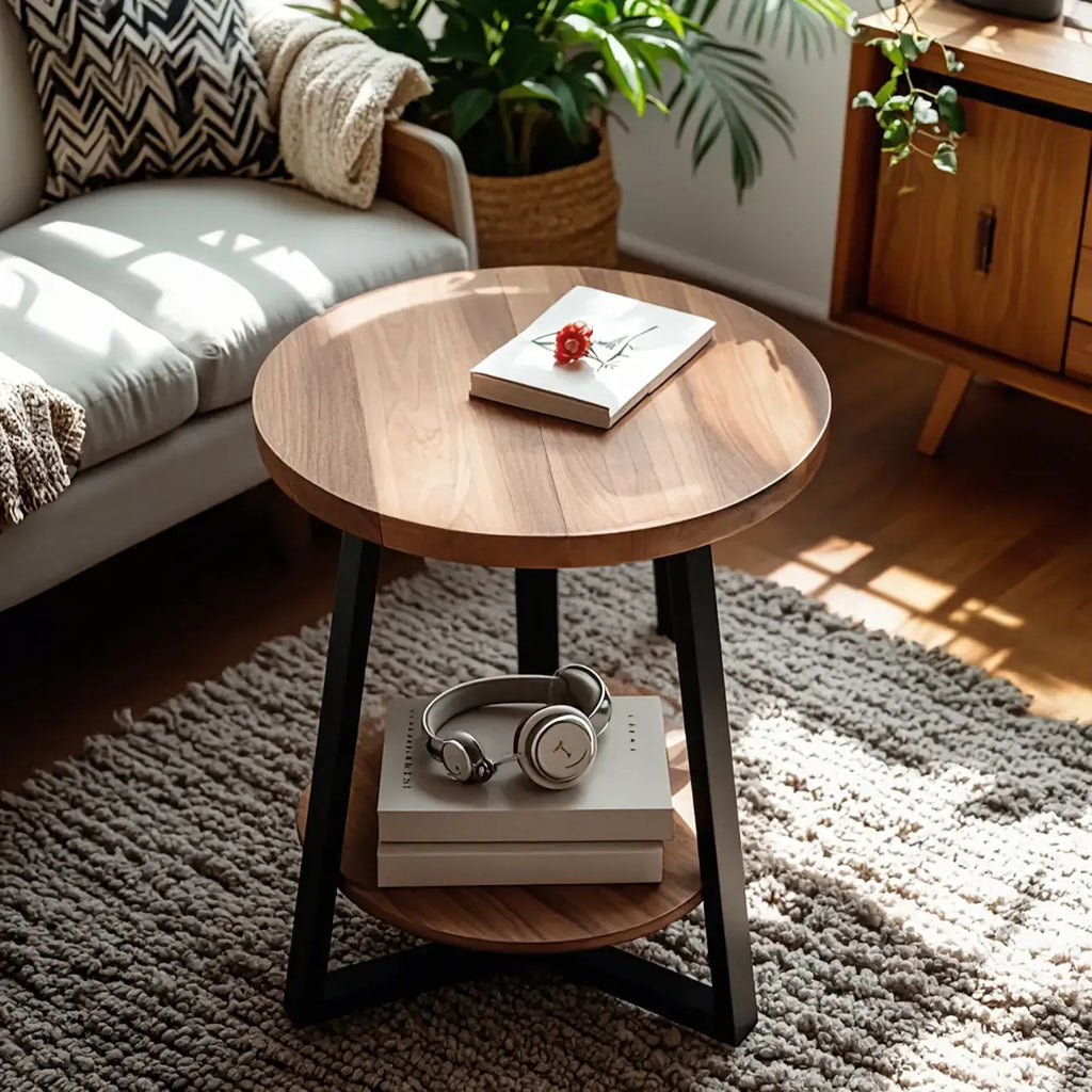 Table basse moderne avec plateau en bois, pieds croisés et étagère