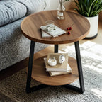 Table basse moderne avec plateau en bois, pieds croisés et étagère