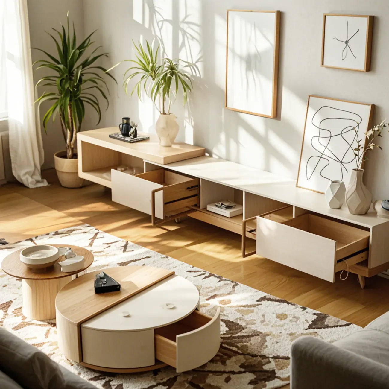 Table basse ronde moderne en bois naturel avec rangement