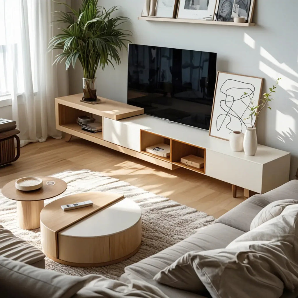 Table basse ronde moderne en bois naturel avec rangement