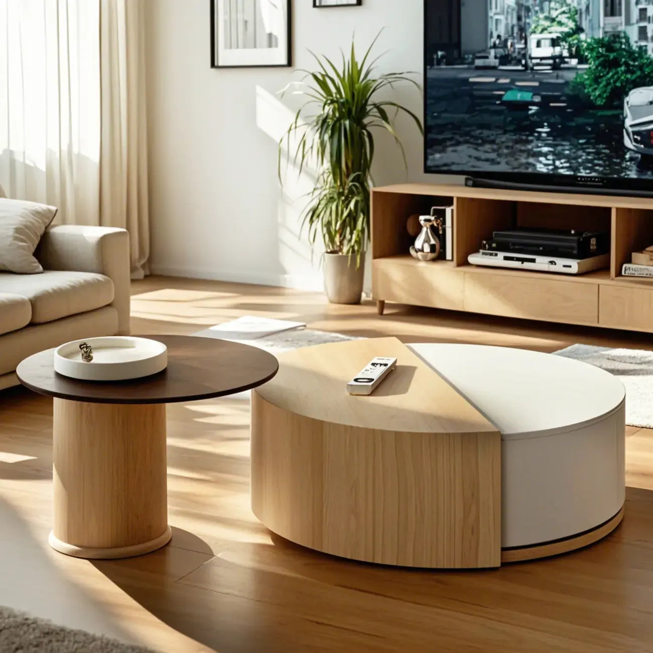 Table basse ronde moderne en bois naturel avec rangement