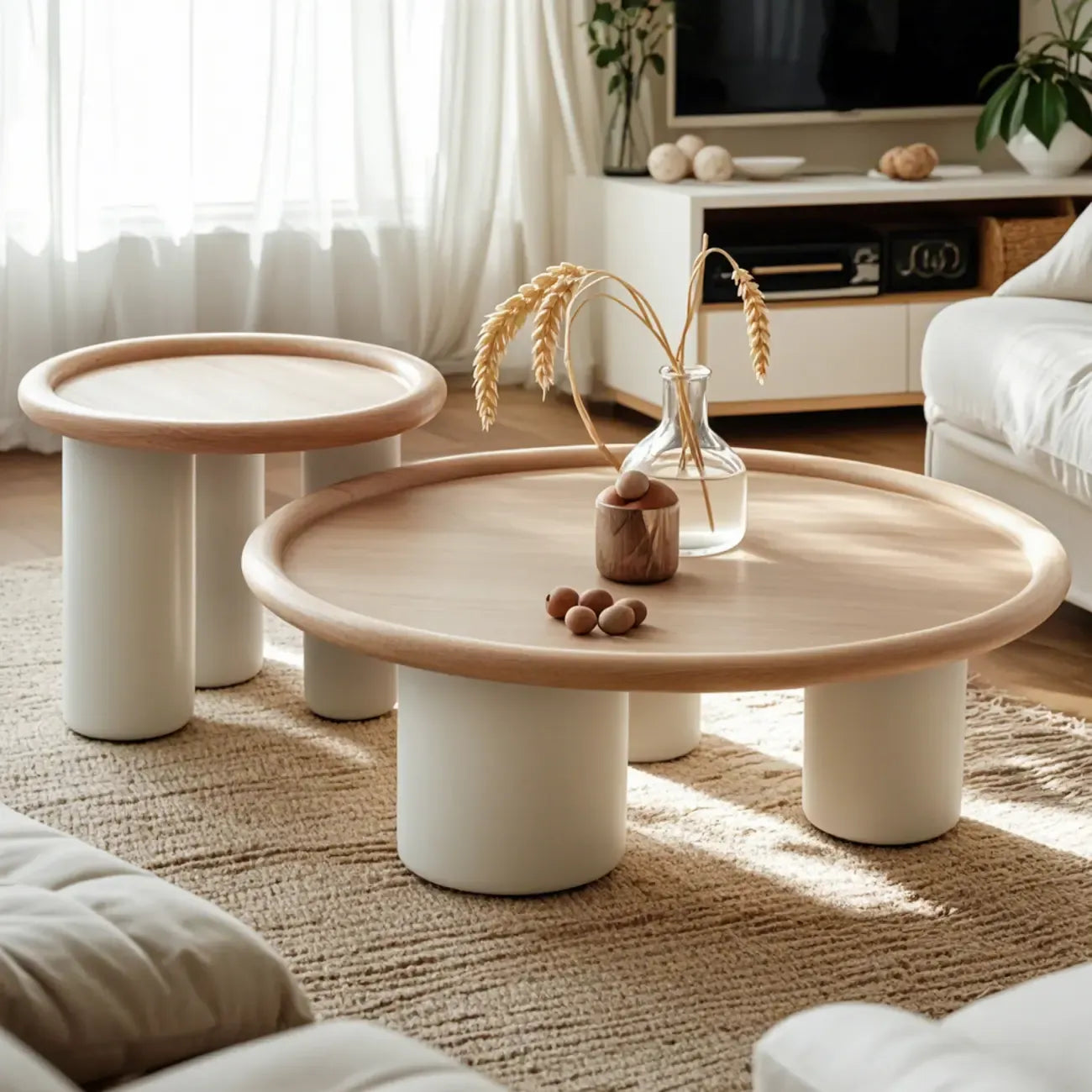 Table basse ronde en bois naturel avec plateau à trois pieds