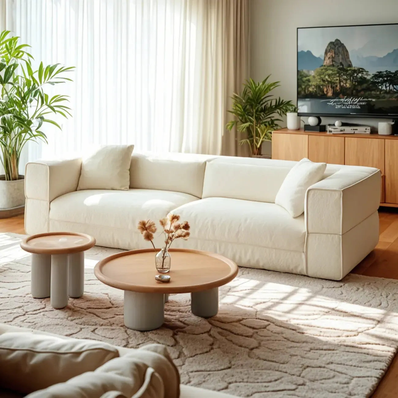 Table basse ronde en bois naturel avec plateau à trois pieds