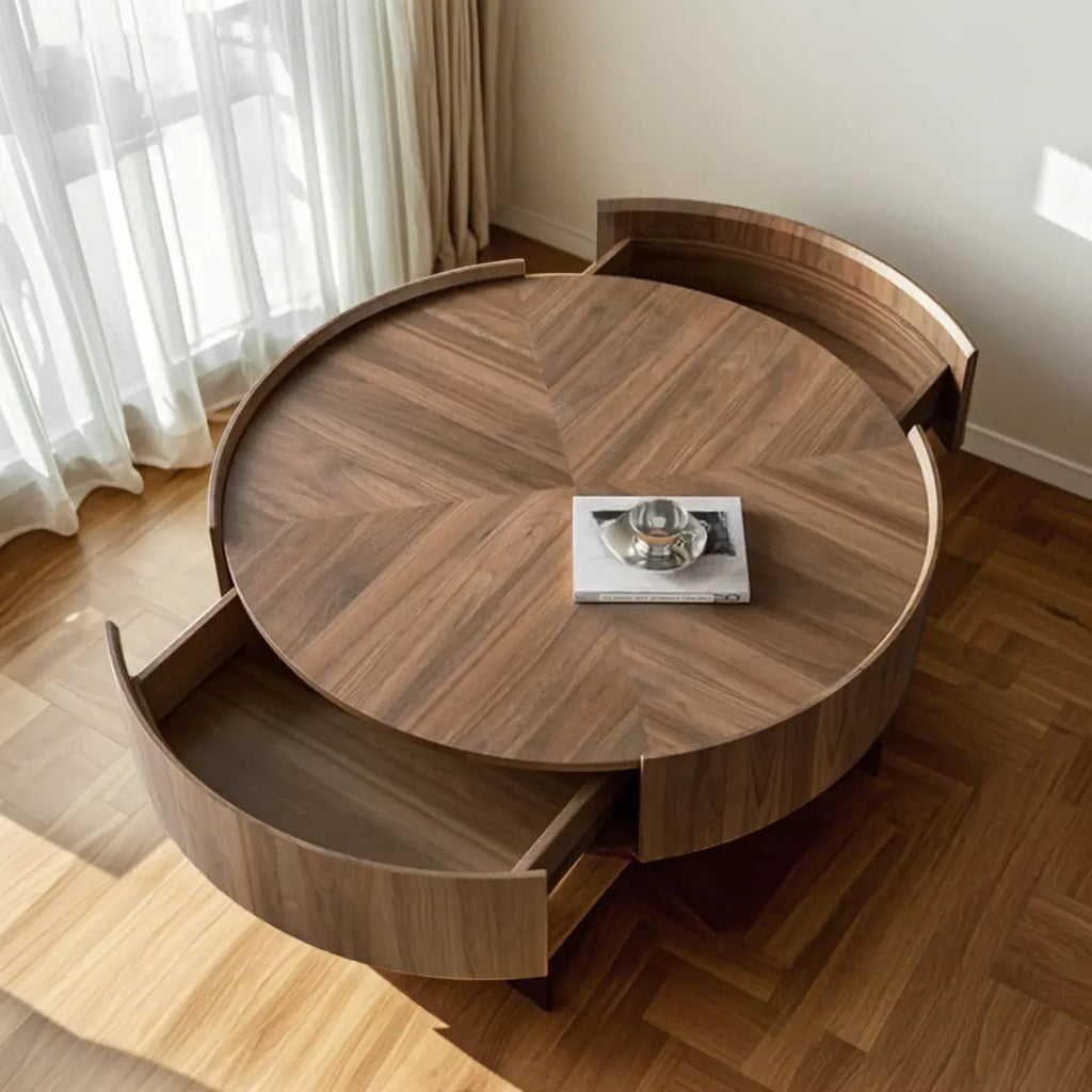 Table basse ronde moderne en bois avec piètement en acier