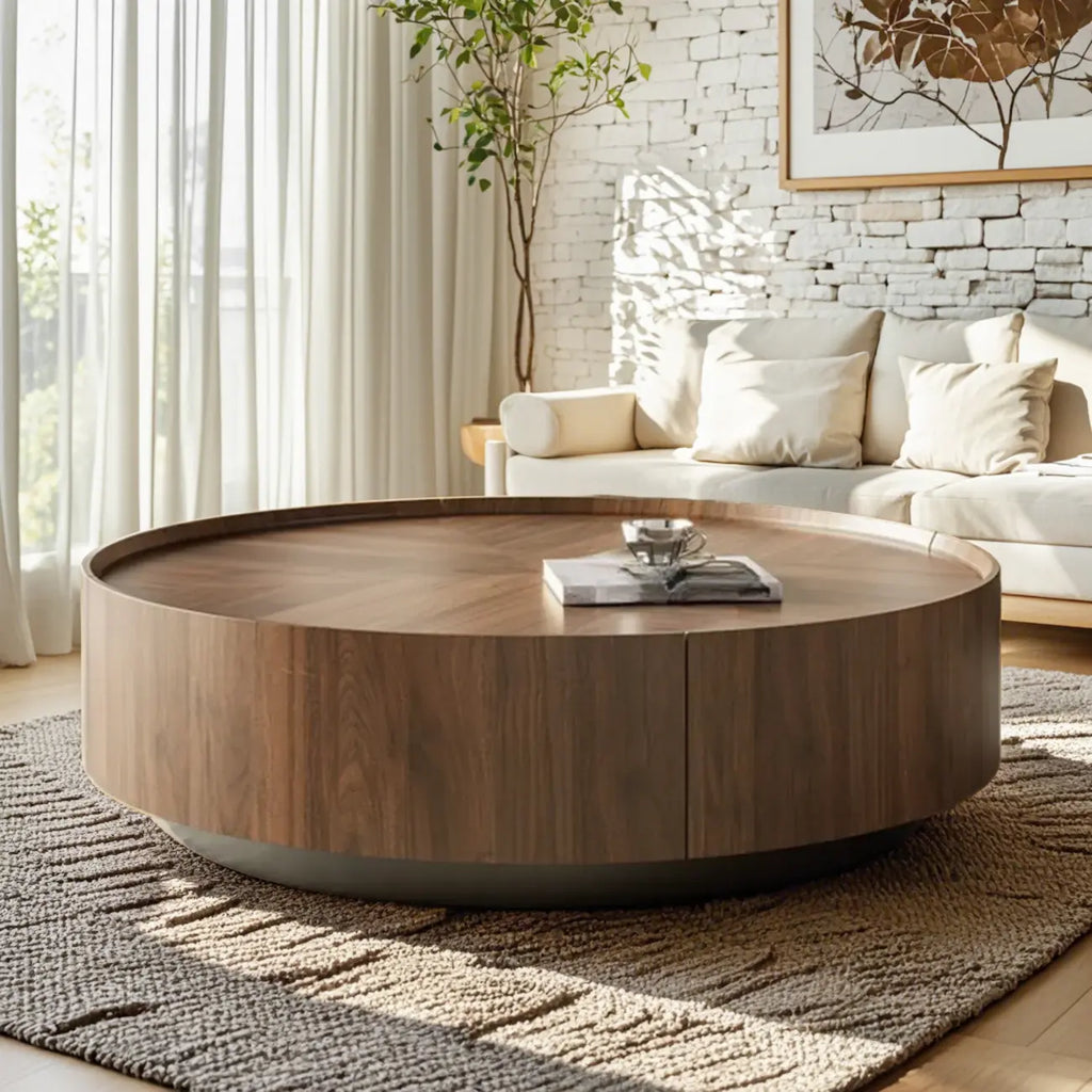 Table basse ronde moderne en bois avec piètement en acier