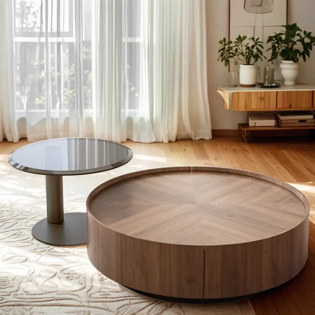 Table basse ronde moderne en bois avec piètement en acier