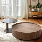 Table basse ronde moderne en bois avec piètement en acier