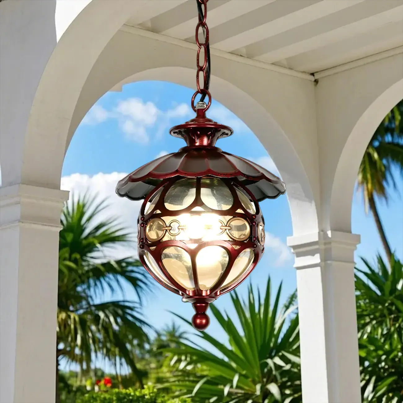Suspension d'extérieur vintage en verre et bronze avec globe
