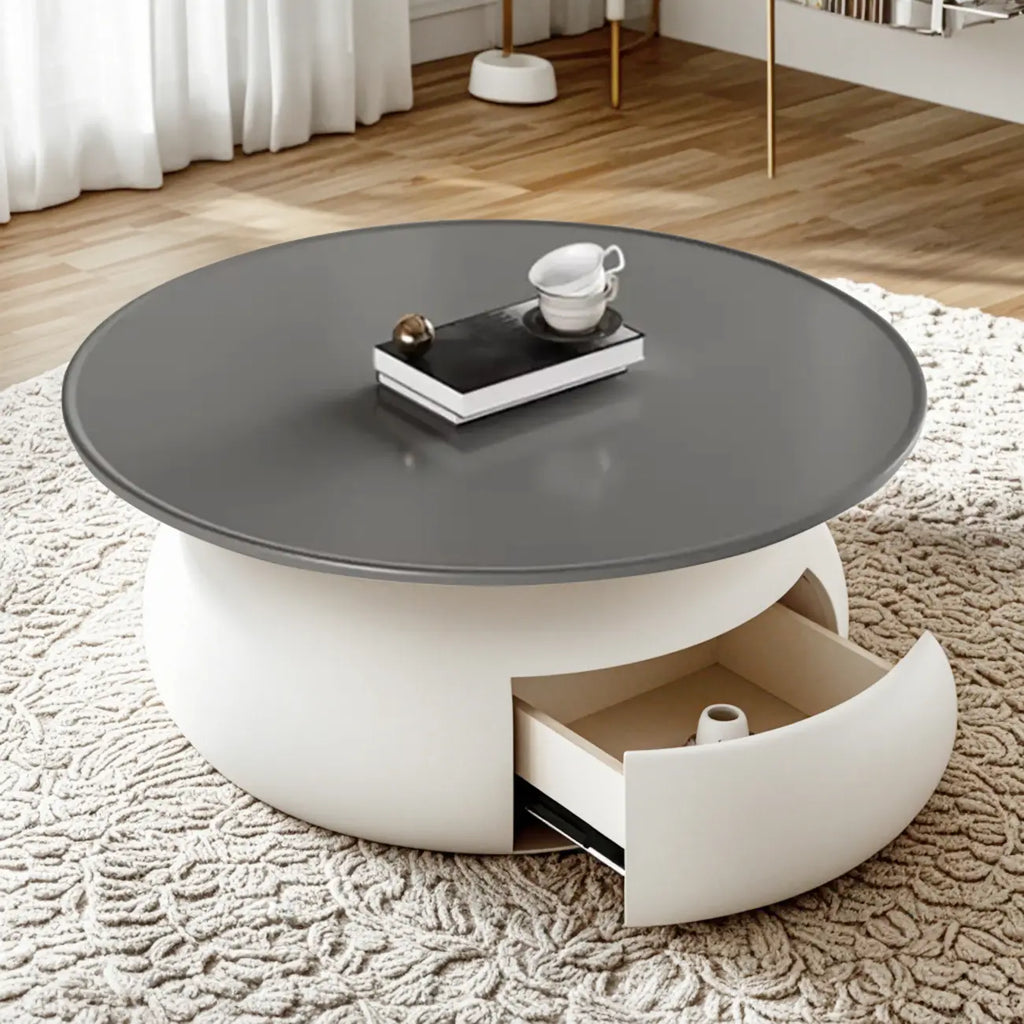 Table basse ronde moderne en bois beige gris avec rangement