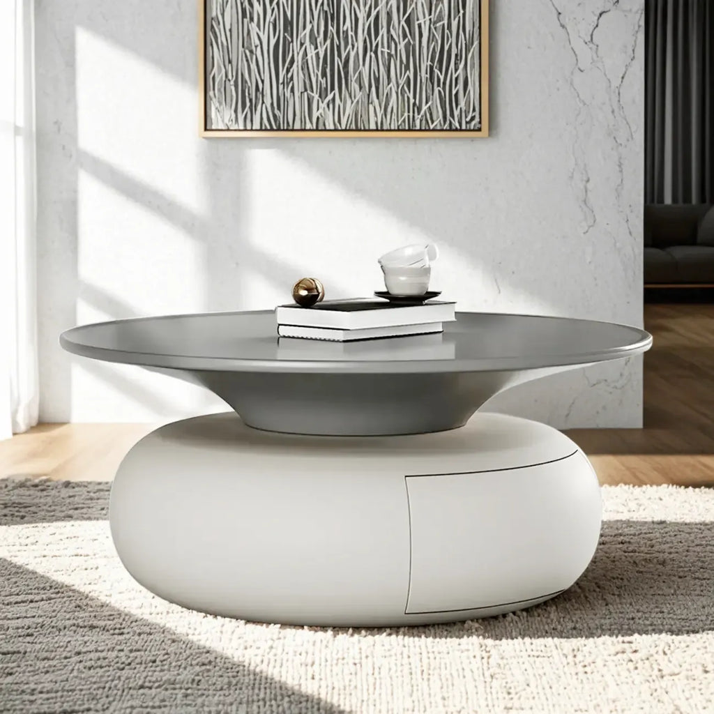 Table basse ronde moderne en bois beige gris avec rangement