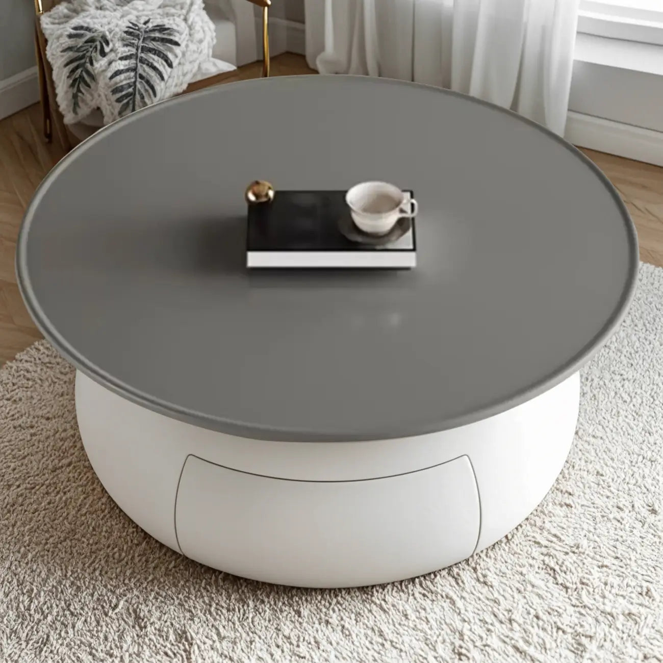 Table basse ronde moderne en bois beige gris avec rangement