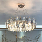 Lustre rond exquis à plusieurs lumières en cristal en forme de feuille