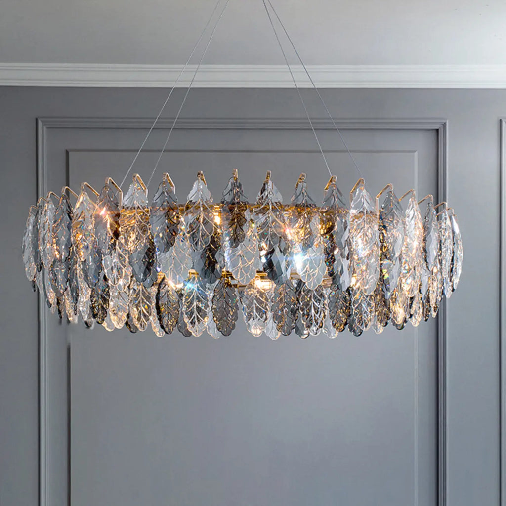 Lustre rond exquis à plusieurs lumières en cristal en forme de feuille