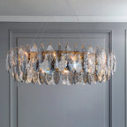 Lustre rond exquis à plusieurs lumières en cristal en forme de feuille