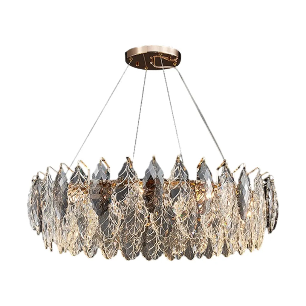 Lustre rond exquis à plusieurs lumières en cristal en forme de feuille