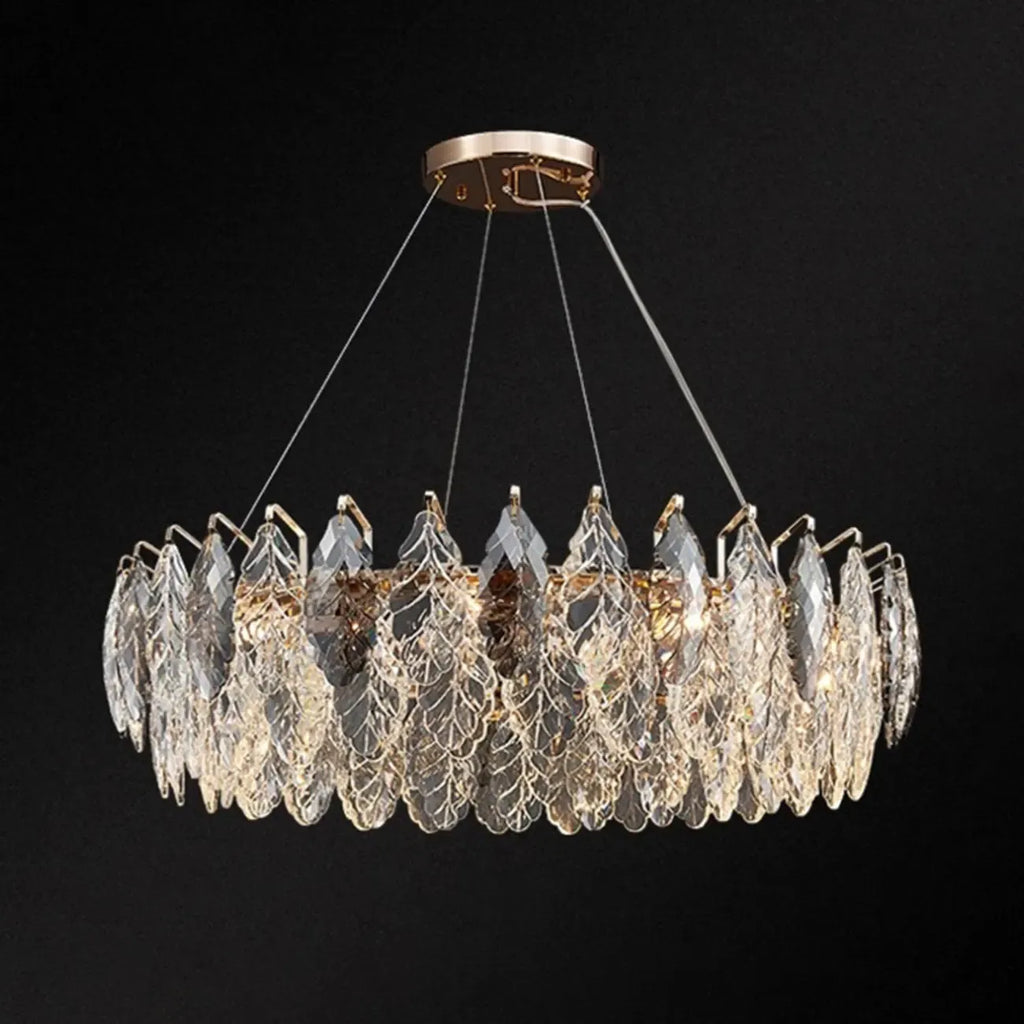 Lustre rond exquis à plusieurs lumières en cristal en forme de feuille