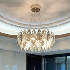 Lustre rond exquis à plusieurs lumières en cristal en forme de feuille