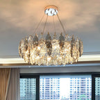 Lustre rond exquis à plusieurs lumières en cristal en forme de feuille