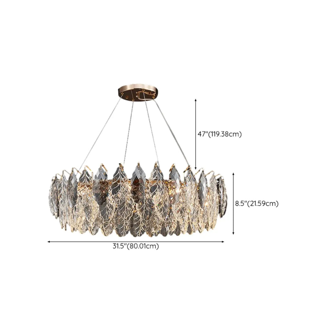 Lustre rond exquis à plusieurs lumières en cristal en forme de feuille