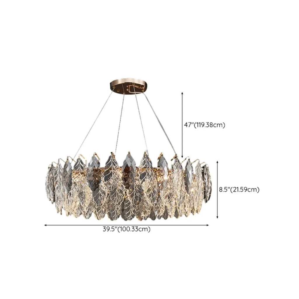 Lustre rond exquis à plusieurs lumières en cristal en forme de feuille