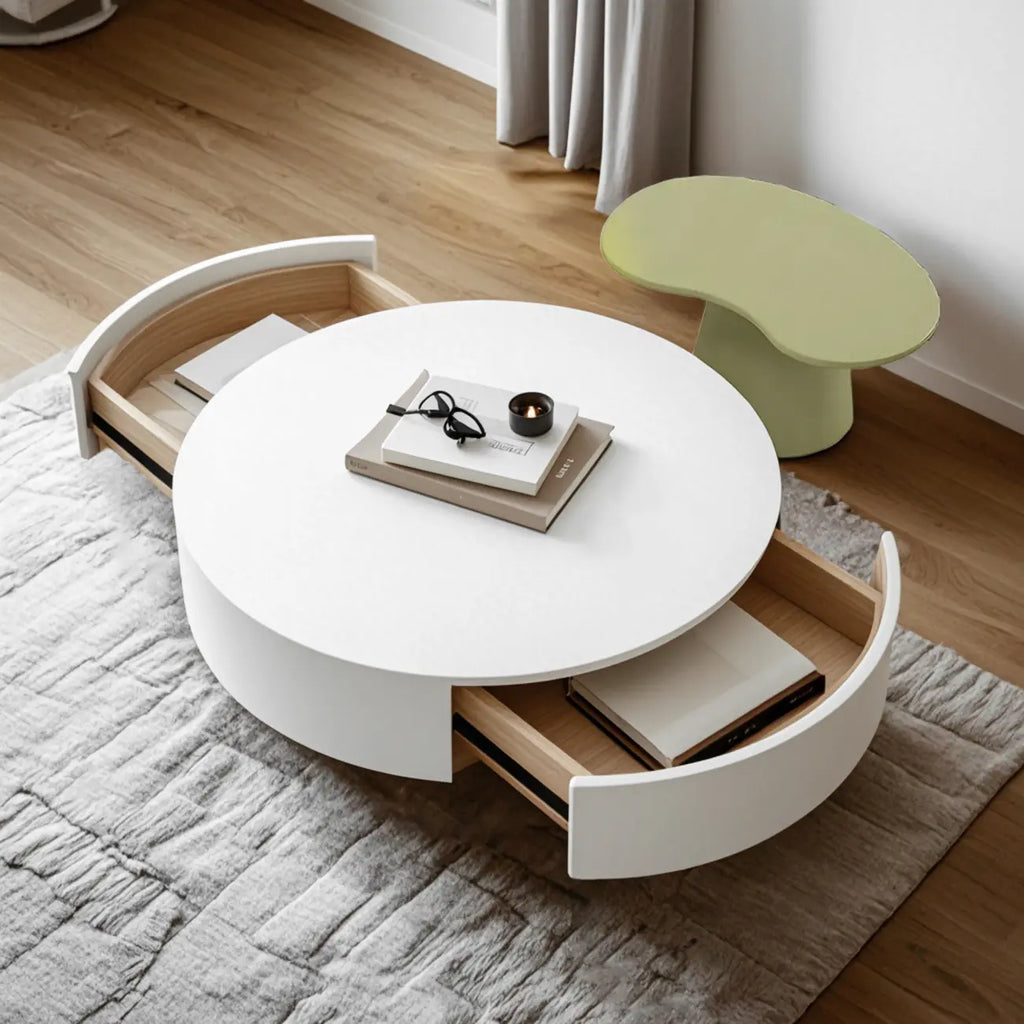 Table basse ronde moderne en bois blanc avec rangement