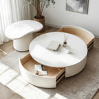 Table basse ronde moderne en bois blanc avec rangement