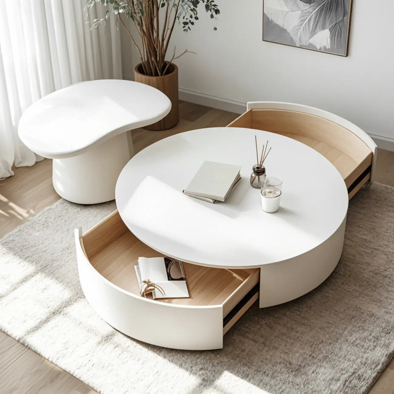 Table basse ronde moderne en bois blanc avec rangement