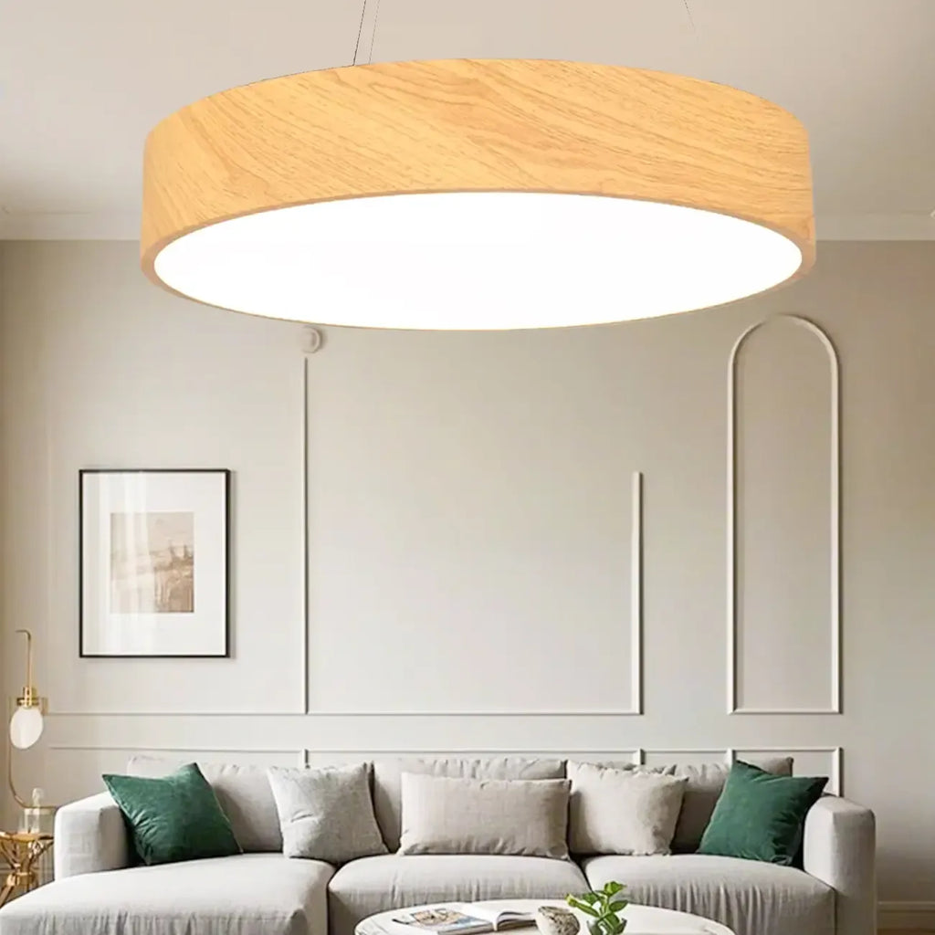 Lustre moderne circulaire en bois avec LED et hauteur réglable