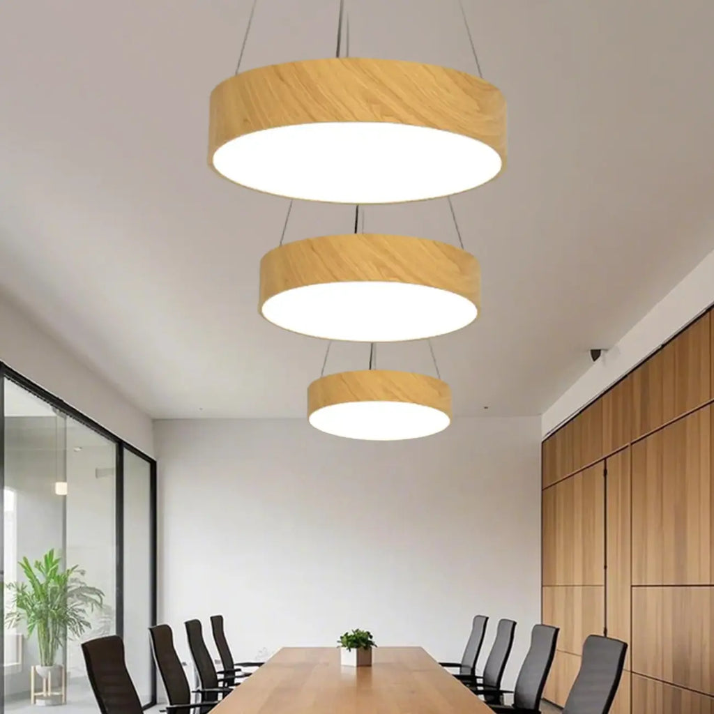 Lustre moderne circulaire en bois avec LED et hauteur réglable